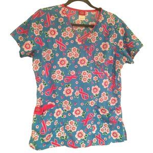 Dickies Scrub Top Breast Cancer Ribbon Cross Body V neck Tie Blue Pink